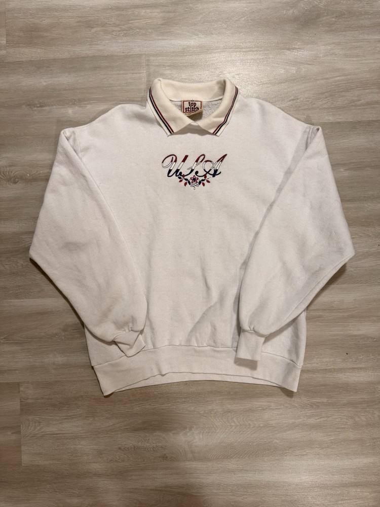 Top Stitch USA White Collared Pullover Sweatshirt Embroidered Logo (few stains)