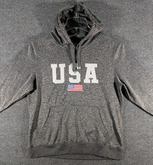 USA Embroidered Flag Logo Drawstring Pullover Hoodie Mens Medium Patriotic Gray