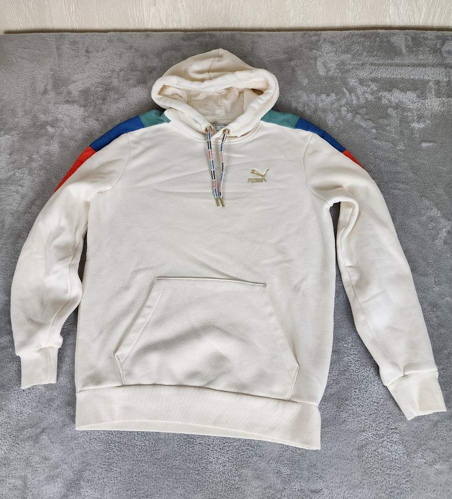 PUMA Logo Colorblock Pullover Fleece Hoodie w/ Pockets White Men Size S