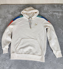 PUMA Logo Colorblock Pullover Fleece Hoodie w/ Pockets White Men Size S
