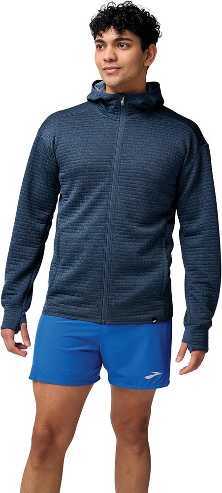 Brooks Mens Activate Midweight Hoodie Htr Storm Blue Zip Running Jacket