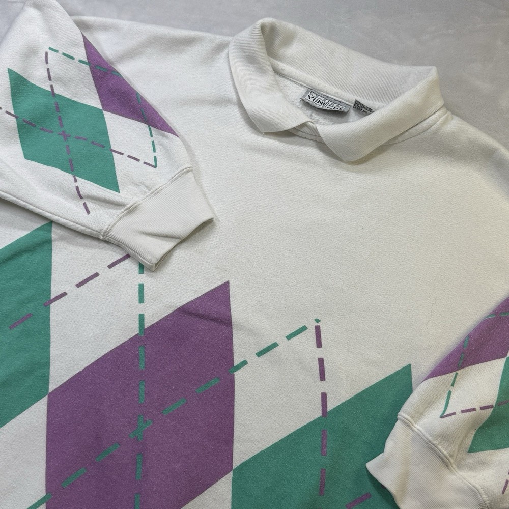 Vintage 80s Argyle Sweatshirt Venezia One Size Purple Green Geometric
