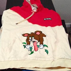 Makobi Men’s L Red/Ivory Colorblock Full Zip Fleece Hoodie Bear Graphic