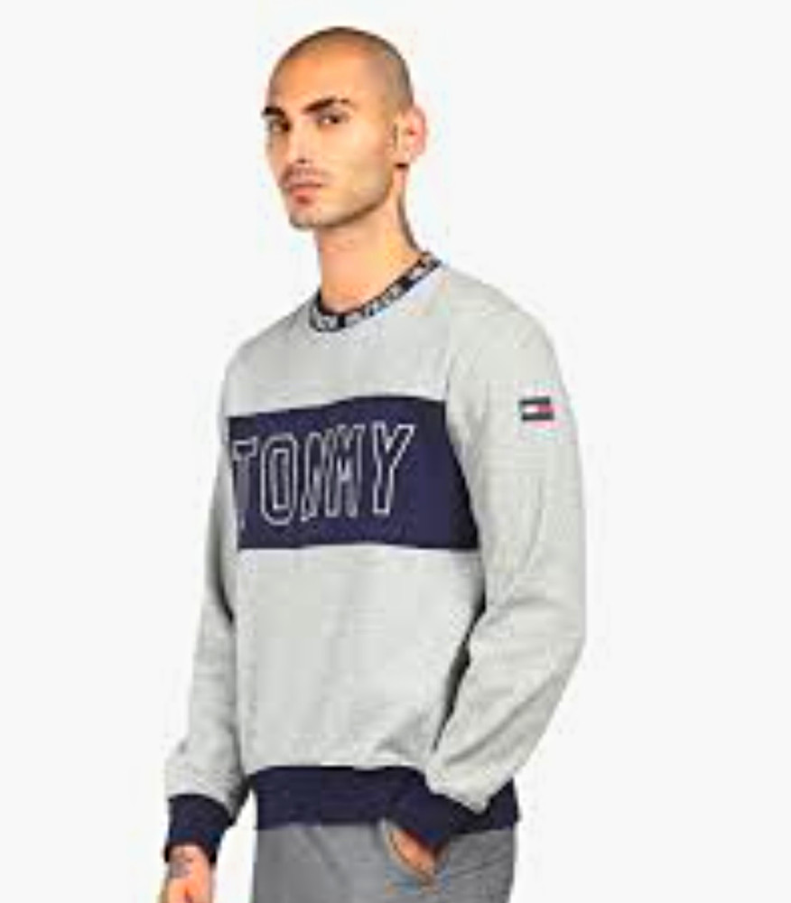 Tommy Hilfiger Sweatshirt Men’s Size L Gray Navy Blue Color Block Crewneck Logo