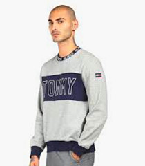 Tommy Hilfiger Sweatshirt Men’s Size L Gray Navy Blue Color Block Crewneck Logo
