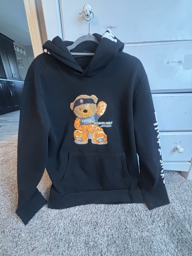 Members Only Hoodie Mens Small Black BAD VIBES Mean Bear Travel Hip Hop