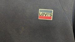 LEVI’S Vintage 1980’s Pullover HOODIE NAVY Red White Blue LOGO Drawstring LARGE