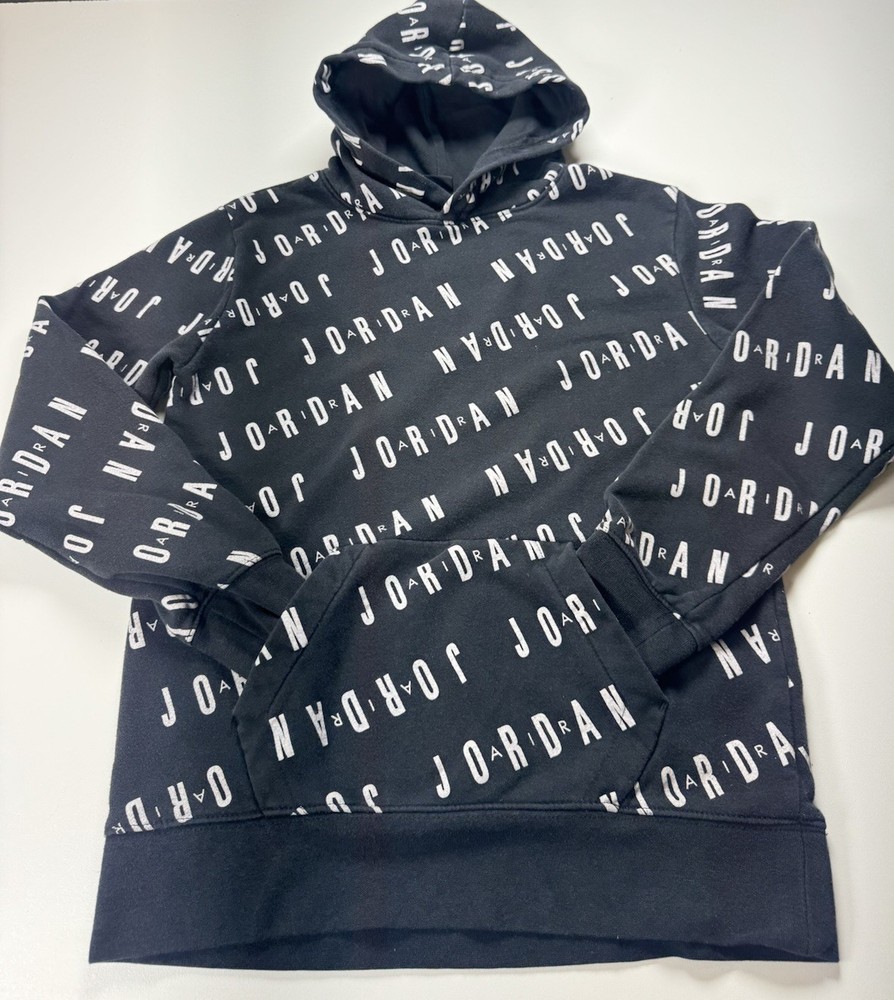 Jordan Black/White All-Over Logo Print Pullover Hoodie Long Sleeve Teens Size L