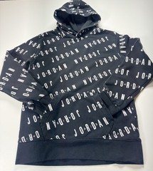 Jordan Black/White All-Over Logo Print Pullover Hoodie Long Sleeve Teens Size L