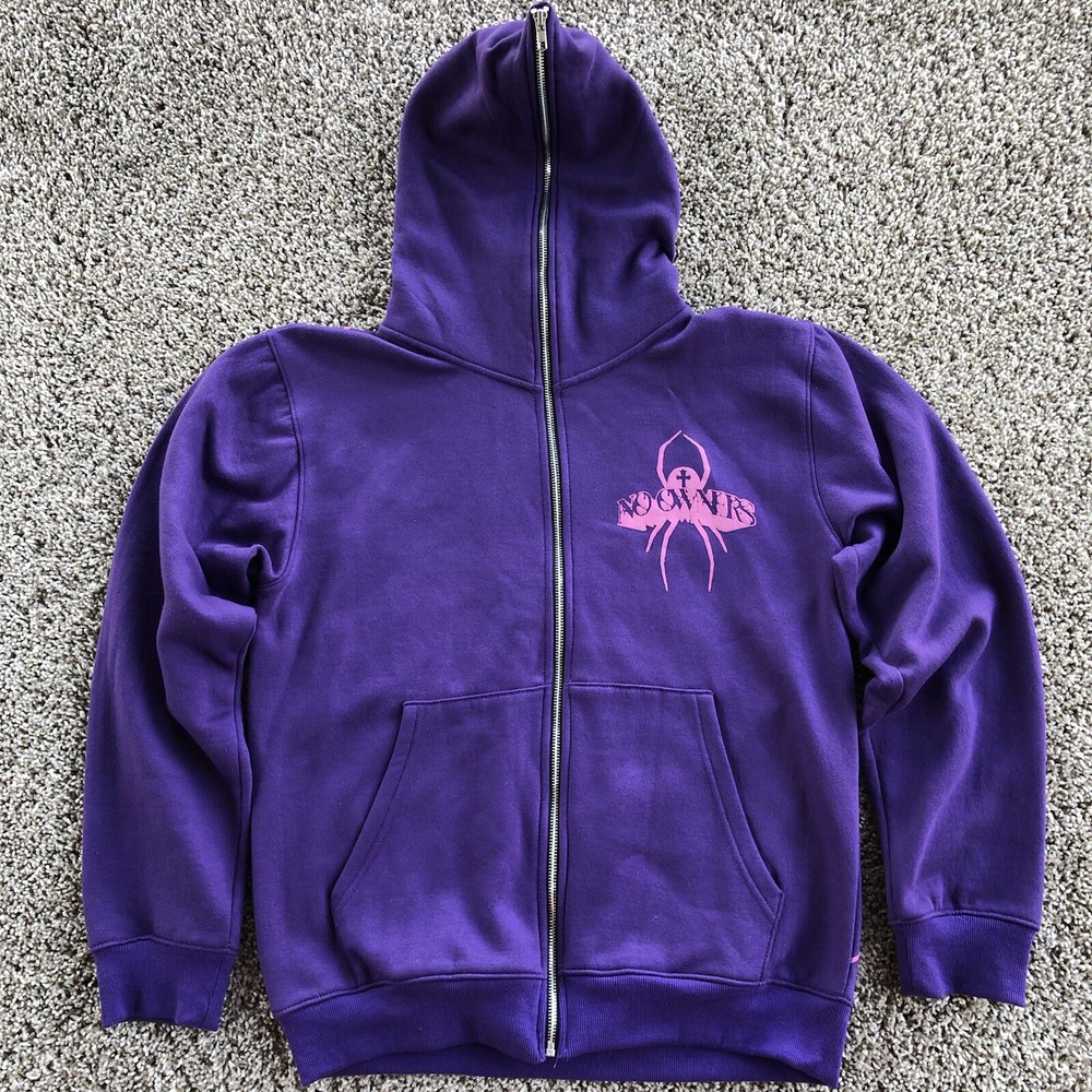 No Owners Full Hood Zip Up Hoodie Adult Size S Spider Cross Print Purple Cotton