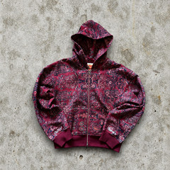 Men’s Y2K Paisley Full Zip Hoodie Burgundy Cotton Blend Streetwear Jacket