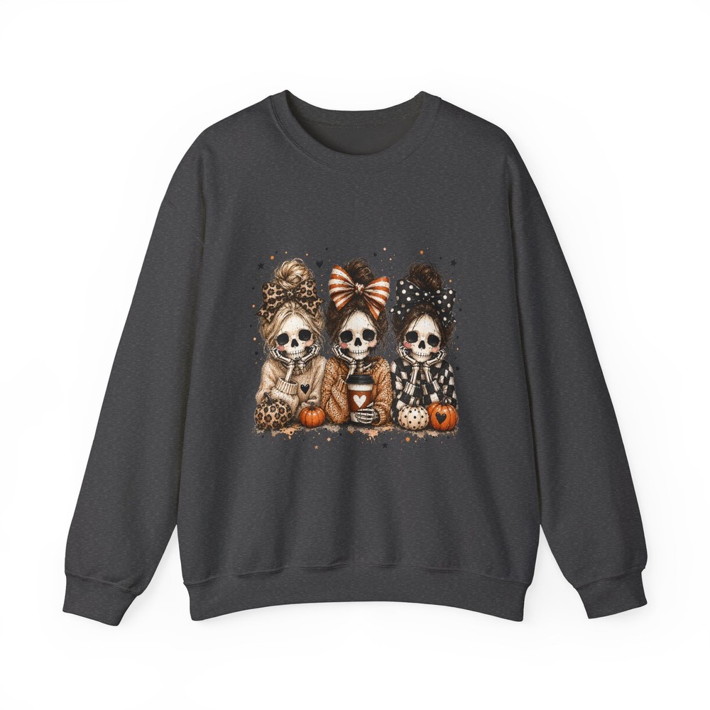 Three Cute Skeleton Girls Sweatshirt | Halloween Pumpkin Cozy Fall