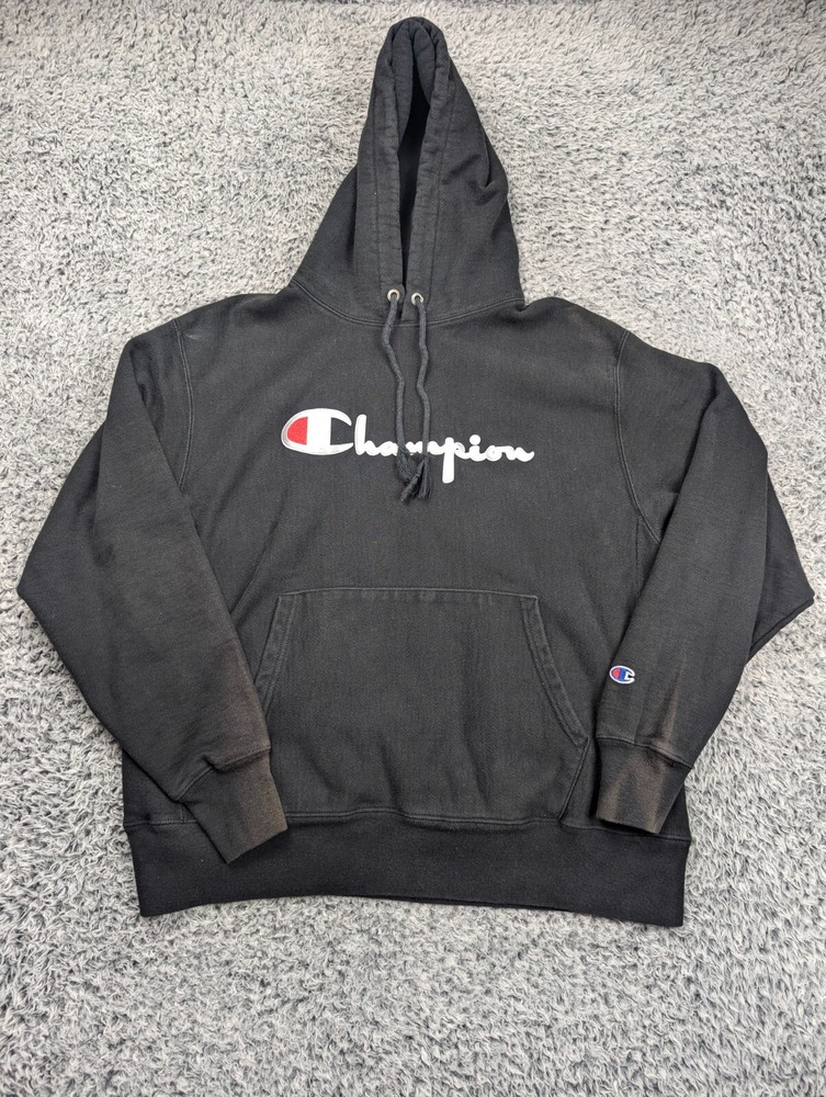 Champion Sweatshirt Men Large Black Reverse Weave Hoodie Drawstring Grunge Chore