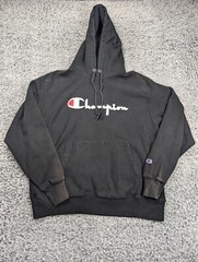 Champion Sweatshirt Men Large Black Reverse Weave Hoodie Drawstring Grunge Chore