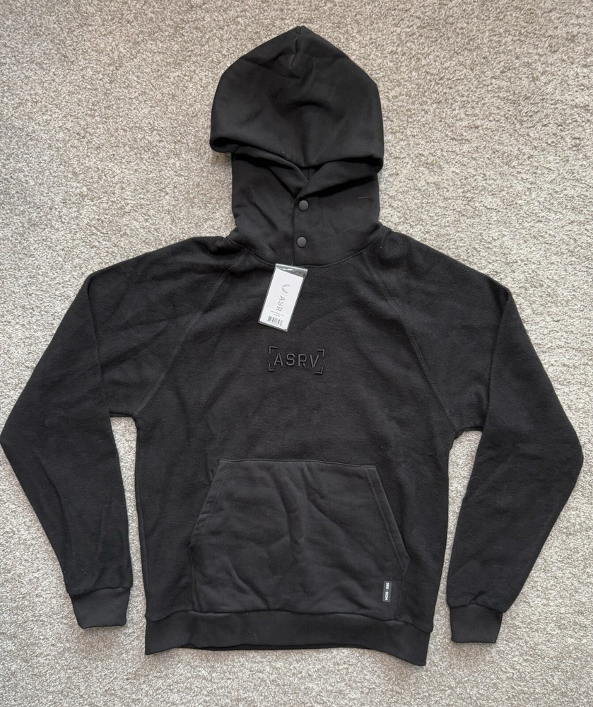 ASRV Mens Hoodie Jet Black Sz M Reversed Fleece Snap Collar Embroidered Cotton