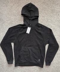 ASRV Mens Hoodie Jet Black Sz M Reversed Fleece Snap Collar Embroidered Cotton