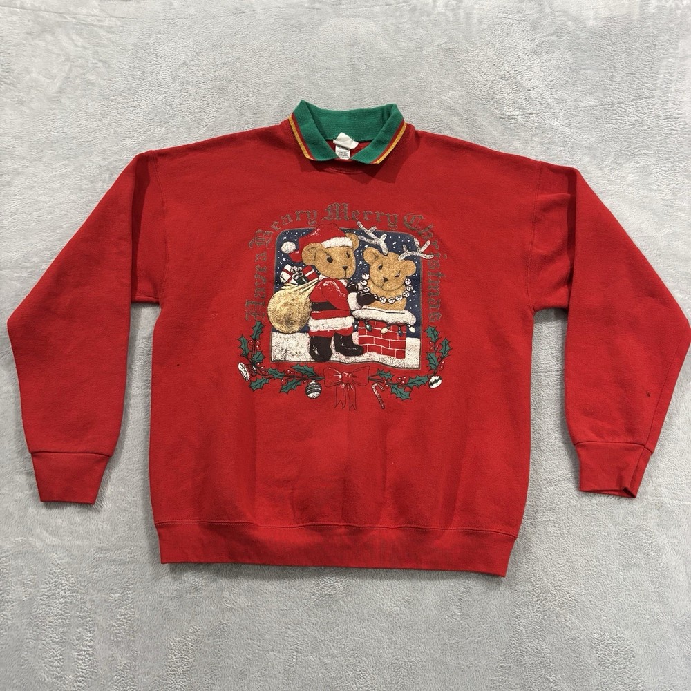Vtg India Ink Pullover Sweatshirt Unisex OS Red USA Made Bear XMas Handpaint 90