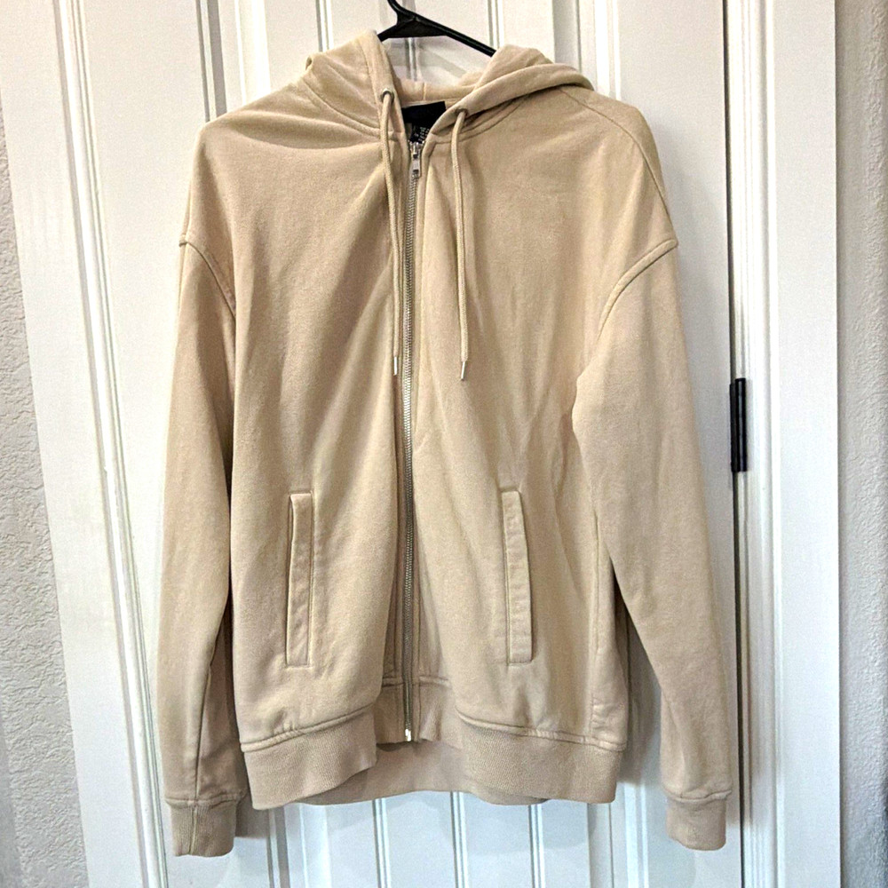 H&M Men’s Loose Fit Beige Fleece Full Zip Hooded Hoodie w/ Pockets Size M