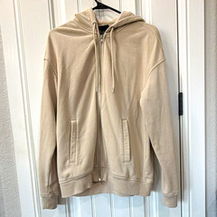 H&M Men’s Loose Fit Beige Fleece Full Zip Hooded Hoodie w/ Pockets Size M