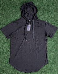 NEW Mens Short Sleeve Cotton Casual Shirt Sport Hooded Pullover Navy Blue Size L