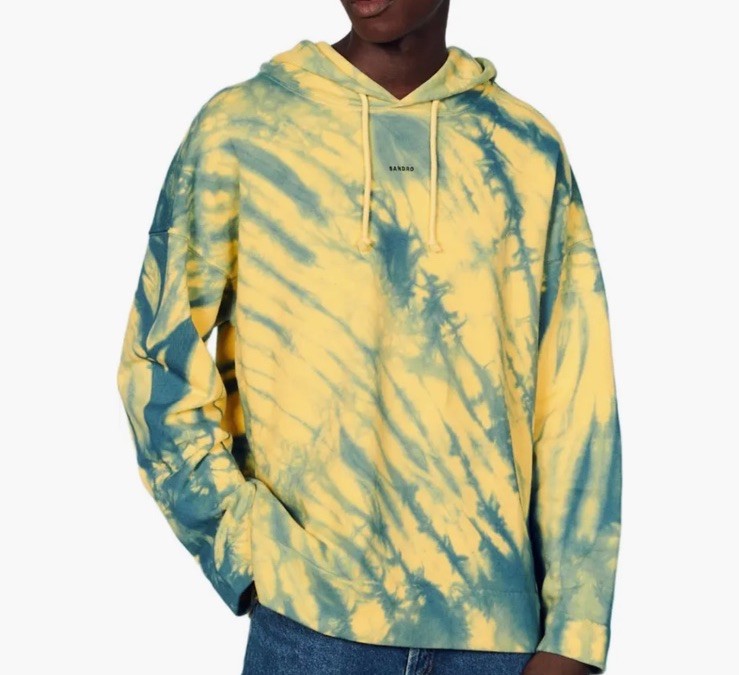 NWT Sandro Tie Dye Cotton Hoodie Mens Size XL Blue Yellow Luxury Designer $265