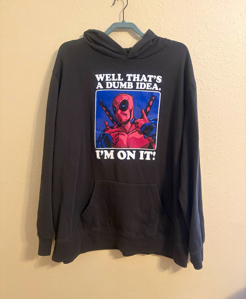 Marvel Deadpool Black Graphic Fleece Pullover Hoodie w/ Pockets Big & Tall 3XL