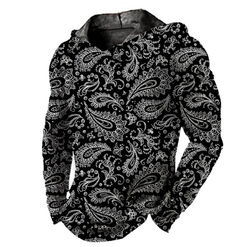 Paisley Graphic Printing Hoodie T Shirt Black Casual Vintage Pullover