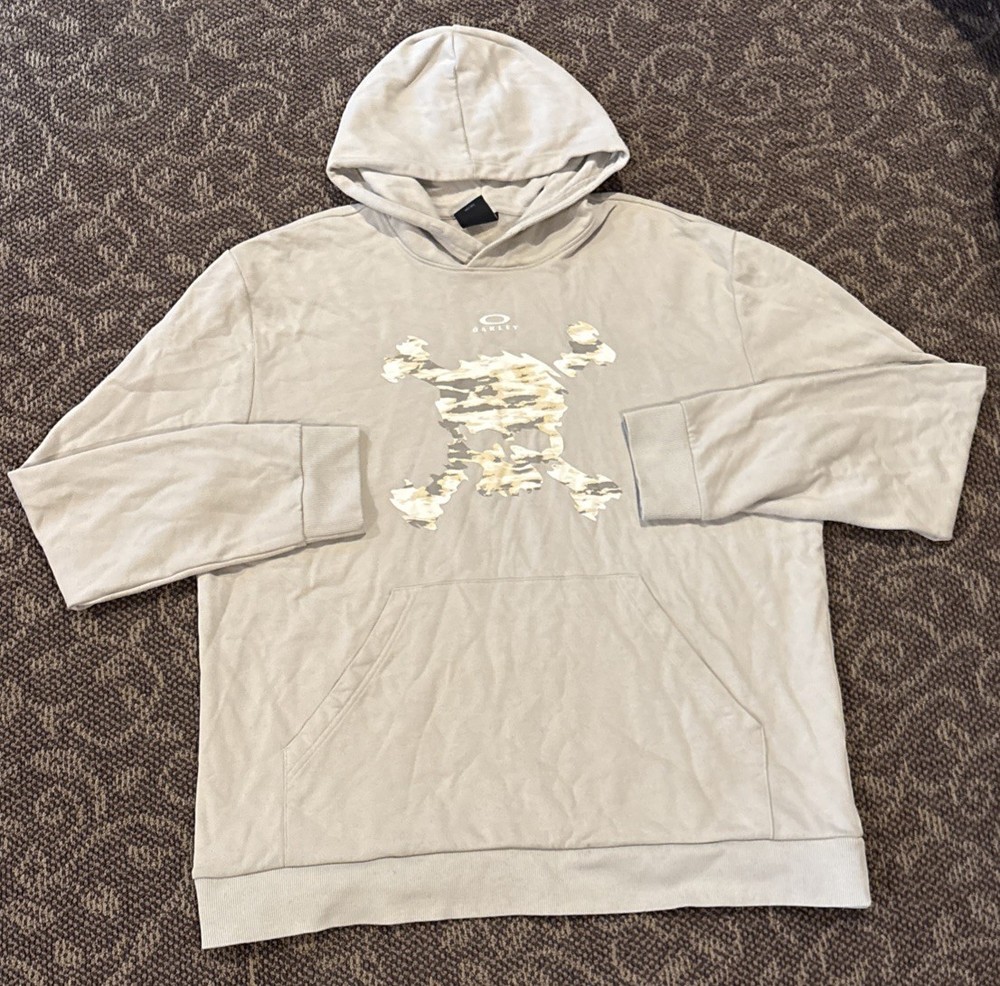 Men’s Oakley Hoodie Tan Pirate Skull And Bones Sweatshirt Size 2XL Rare XXL🔥