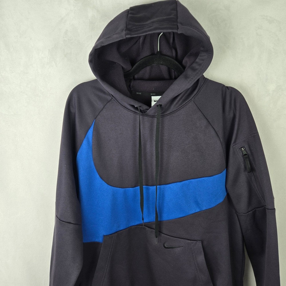 Nike Therma-FIT Mens Hoodie L Cave Purple Blue Big Swoosh Sleeve Pocket Pullover