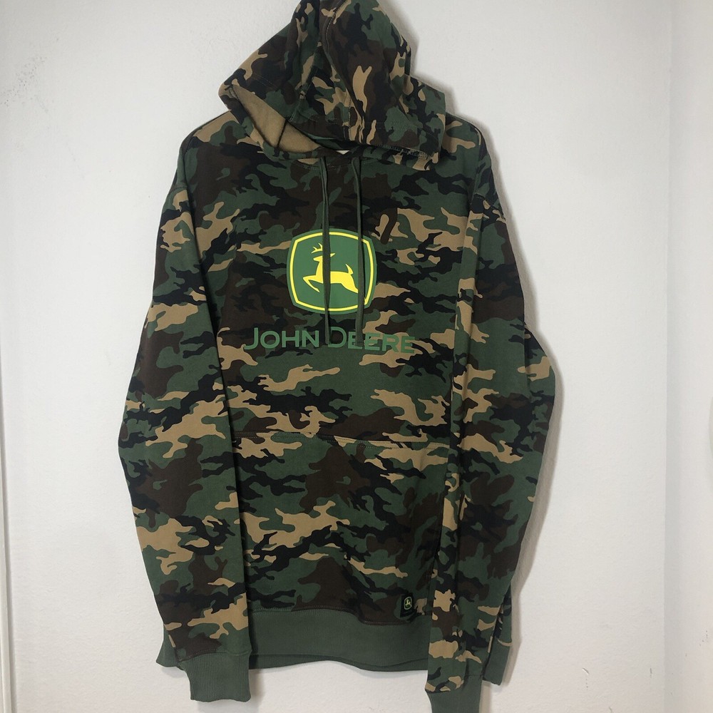 John Deere Men’s Pull Over Core Camo Logo Green Fleece Hoodie Medium Outdoor