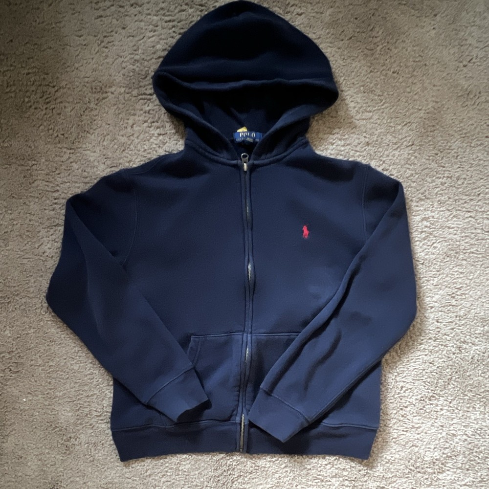 Polo Ralph Lauren Navy Full Zip Fleece Hoodie Pony Logo Pockets Mens M