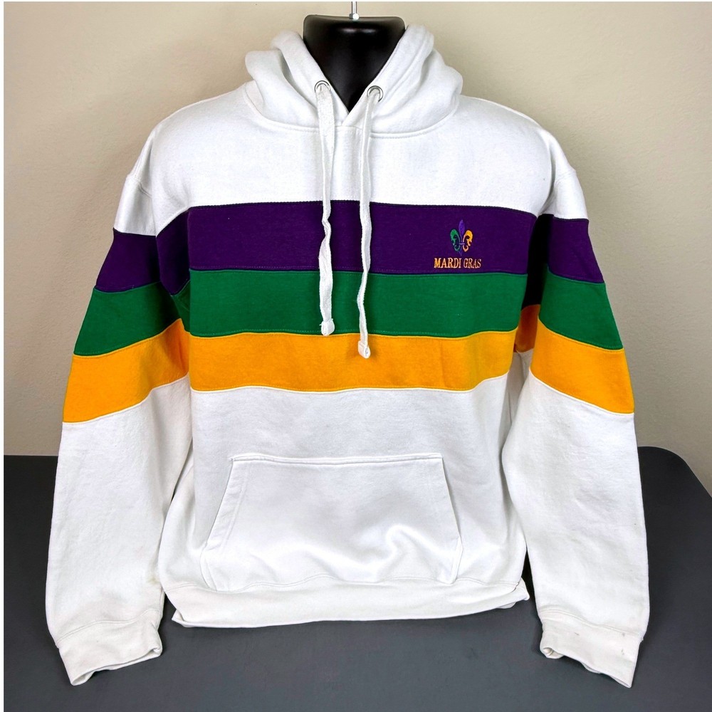 Classic Hoodie Mens XL Mardi Gras Striped Fleur De Lis White Purple Green FLAW