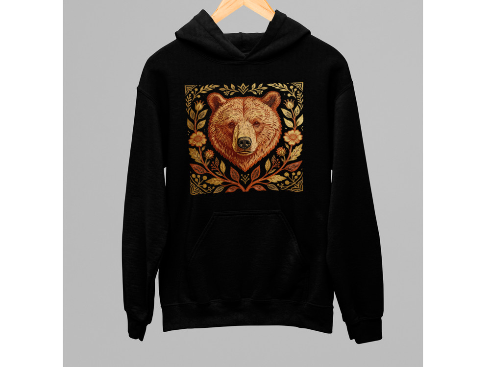 Bear Hoodie Unisex Black Pullover Sweatshirt Vintage Forest Wildlife Graphic