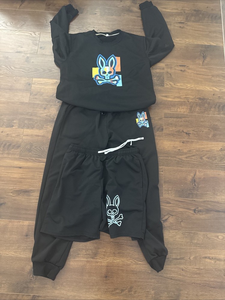 Men’s Black Tracksuit Set XL Sweatshirt Joggers Shorts 3 Piece Outfit Graphi