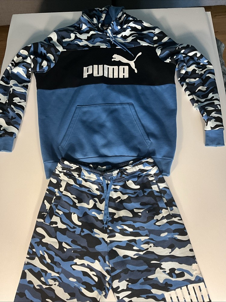 Puma Blue Black White Camo Hoodie & Pants Size Large & S Unisex Sweat Suit