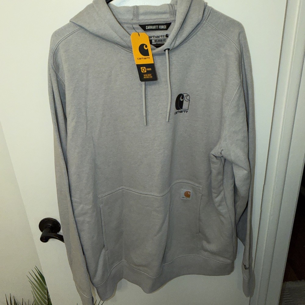 Men’s Carhartt Force Hoodie Large Gray Relaxed Fit Graphic Logo Lightweight