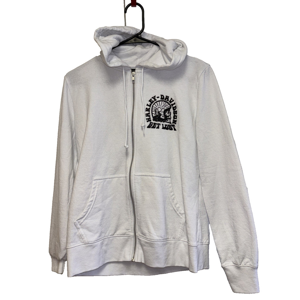 Harley Davidson Get Lost White Graphic Hoodie Full Zip Front Pockets M Cotton