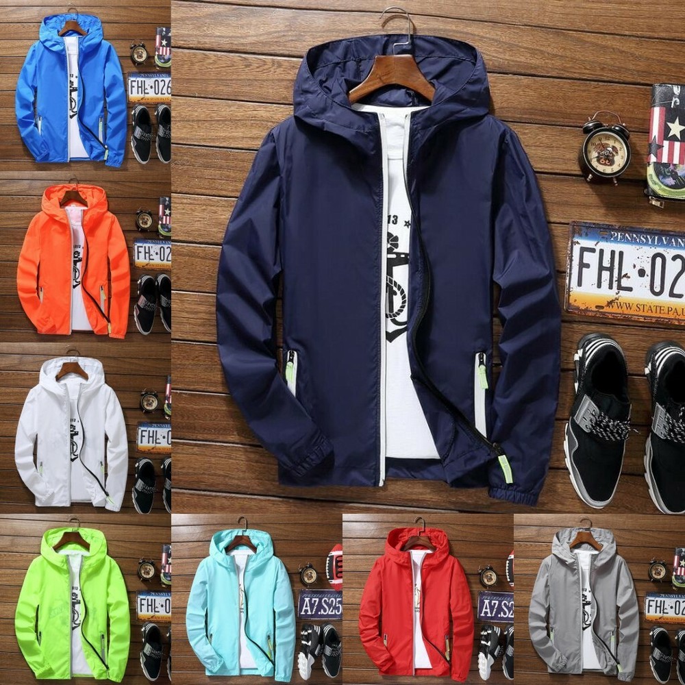 Men Waterproof Wind Breaker Zipper Hoodie Light Jacket Outwear Gym ThinWind Coat