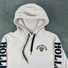 Hollister Mens S White Pink Hoodie Leopard Graphic Sleeve Logo Sweatshirt