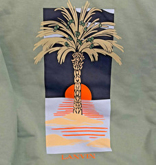 LANVIN Paris Luxury Pullover XL Resortwear Sage Green Palm Tree Sunset Graphic