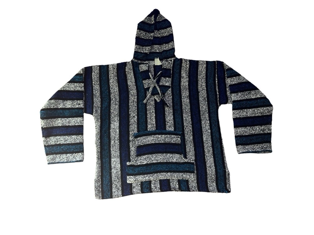 Baja Hoodie | Drug Rug | Mexican Poncho Blue Black White Stripes Size Large