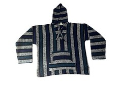 Baja Hoodie | Drug Rug | Mexican Poncho Blue Black White Stripes Size Large