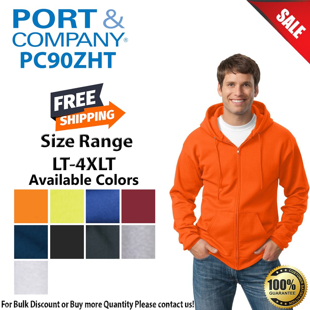 Port & Company PC90ZHT Mens Big & Tall Long Sleeve Full Zip Hooded Sweatshirt