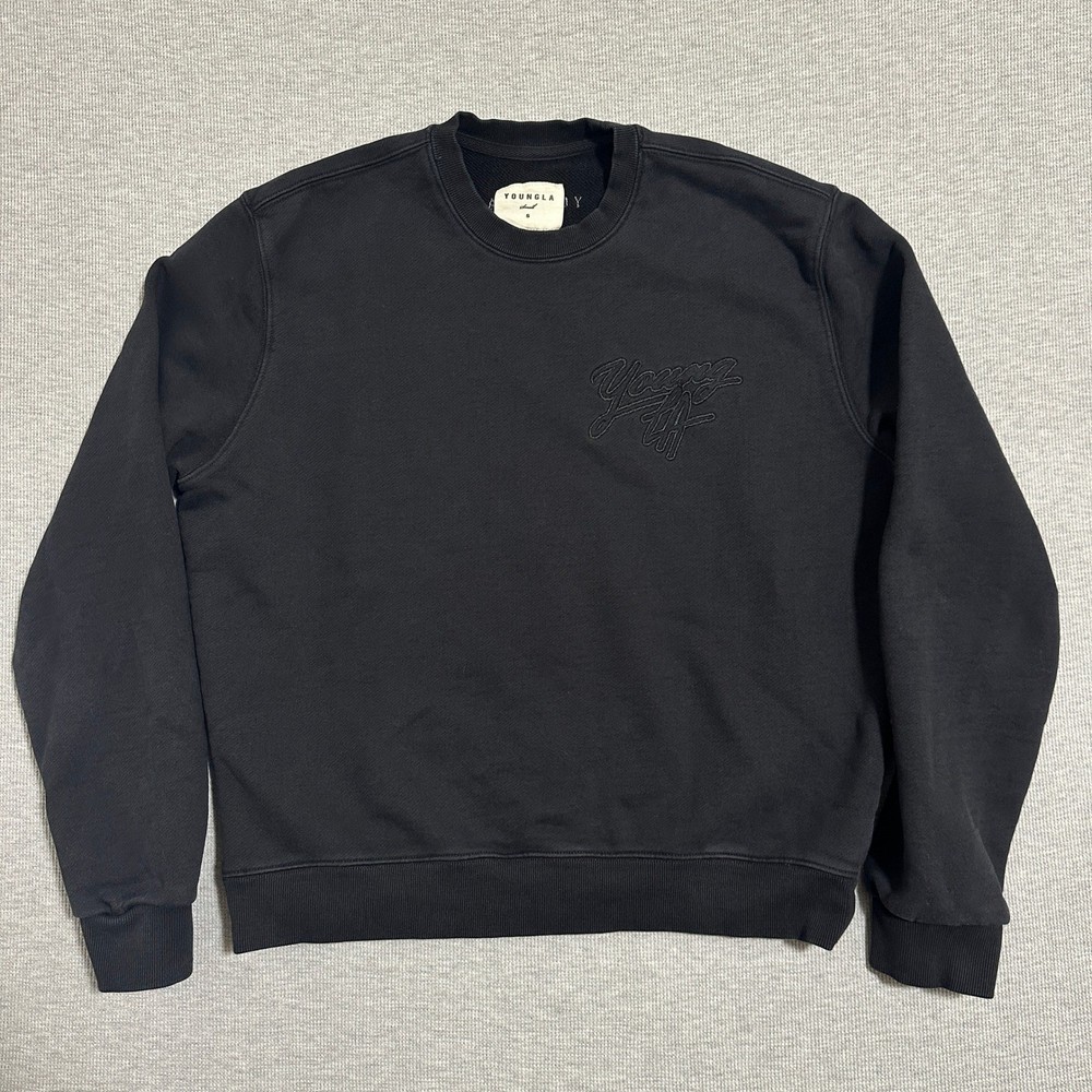 YoungLA Embroidered Crewneck Sweatshirt Long Sleeves Black Mens Size Small