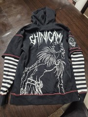 Teens S Black Pullover Hoodie Gothic Graphic Print Red/White Striped Sleeves