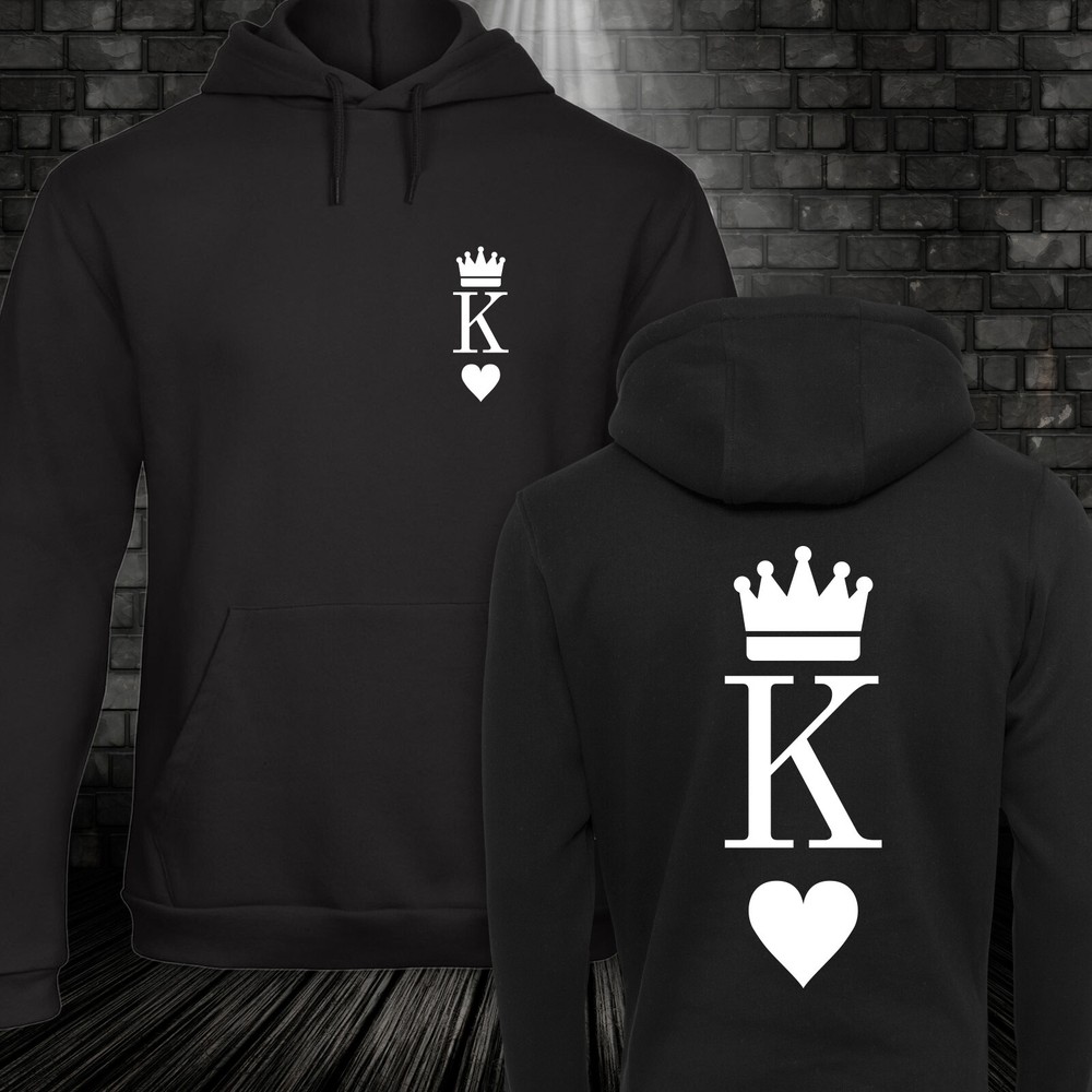 King Queen Card Hoodie Hooded Jumper Partner Couple Black Valentines Day XXS-5XL