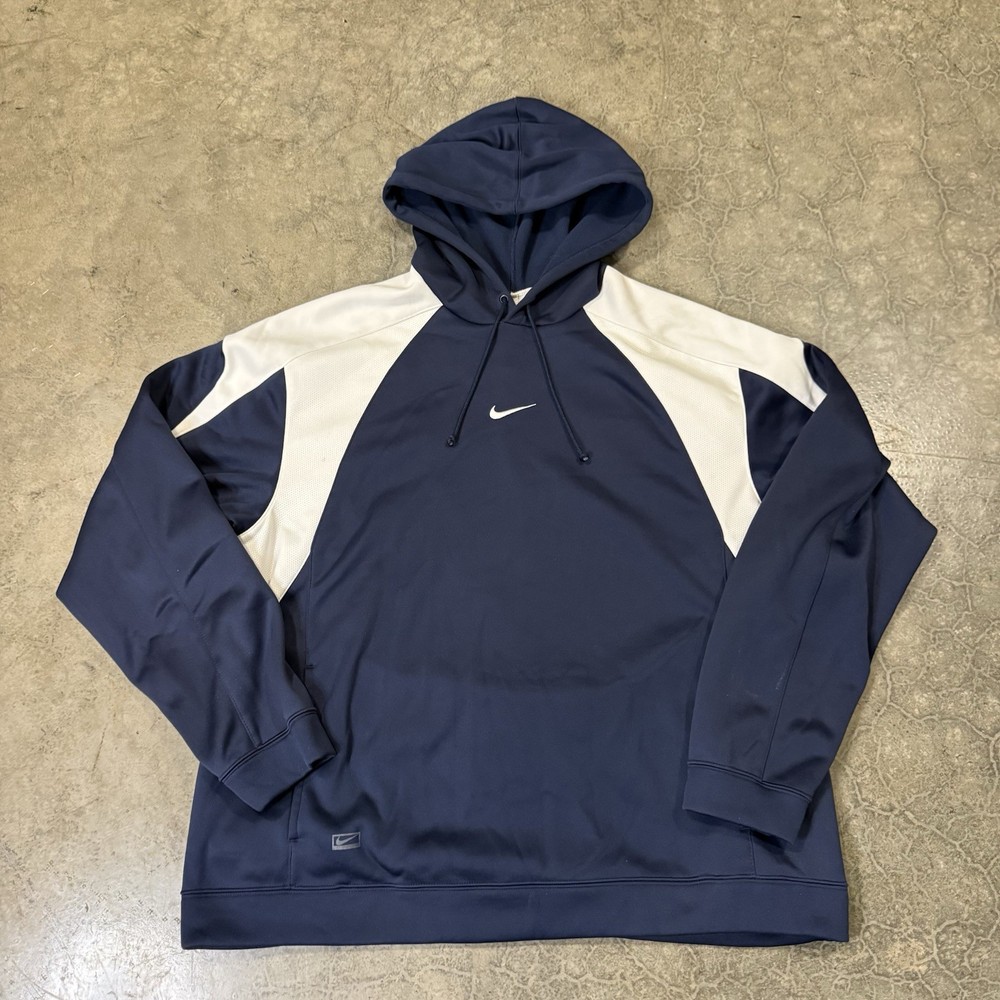 Nike Performance Hoodie Mens XL Center Swoosh Navy White Baggy Dri Fit Sports