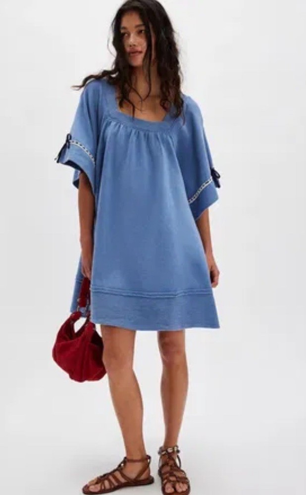 Free People Astoria Sweatshirt Square Neck Wide Short Sleeves Slouchy Blue S NEW