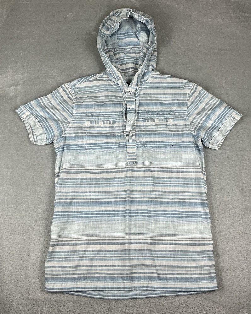 Bar III Hooded Shirt Men Medium Blue Striped Henley Pullover Short Sleeve Casual