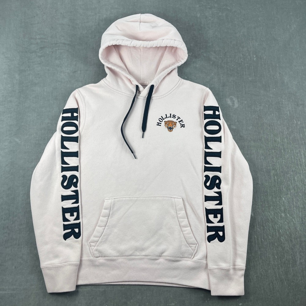 Hollister Mens S White Pink Hoodie Leopard Graphic Sleeve Logo Sweatshirt